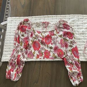 Floral off shoulder tie back  Women's Top - Cream Pink Red & Green floral XS